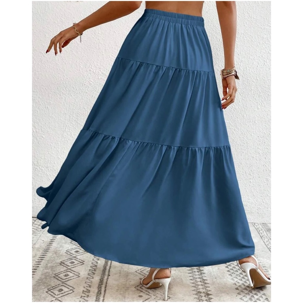 Solid High Waist Button Detail Ruffle Hem Maxi Skirt - Picture 7 of 15